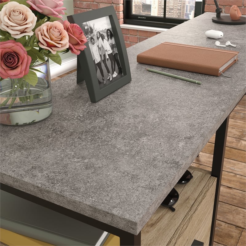 Pemberly Row Contemporary Engineered Wood/Metal L-Desk in Prime Oak