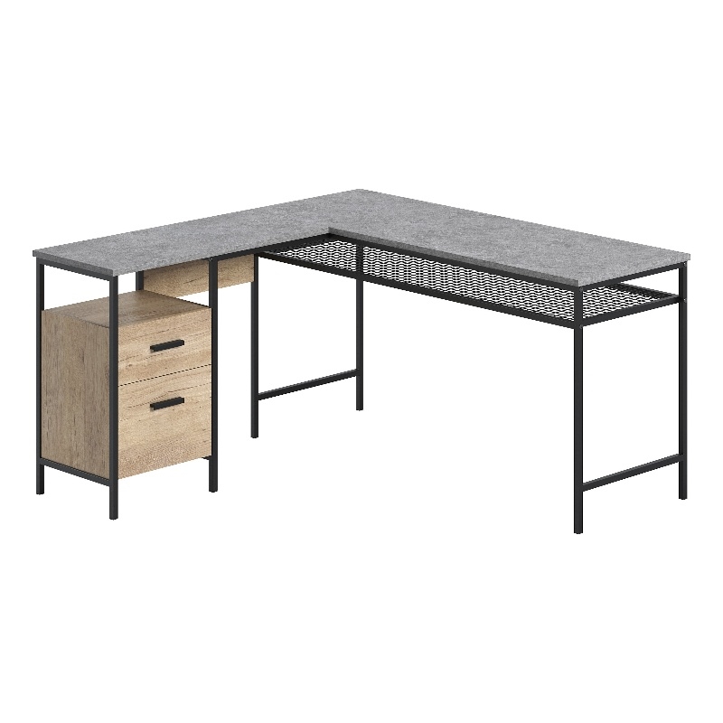 Pemberly Row Contemporary Engineered Wood/Metal L-Desk in Prime Oak