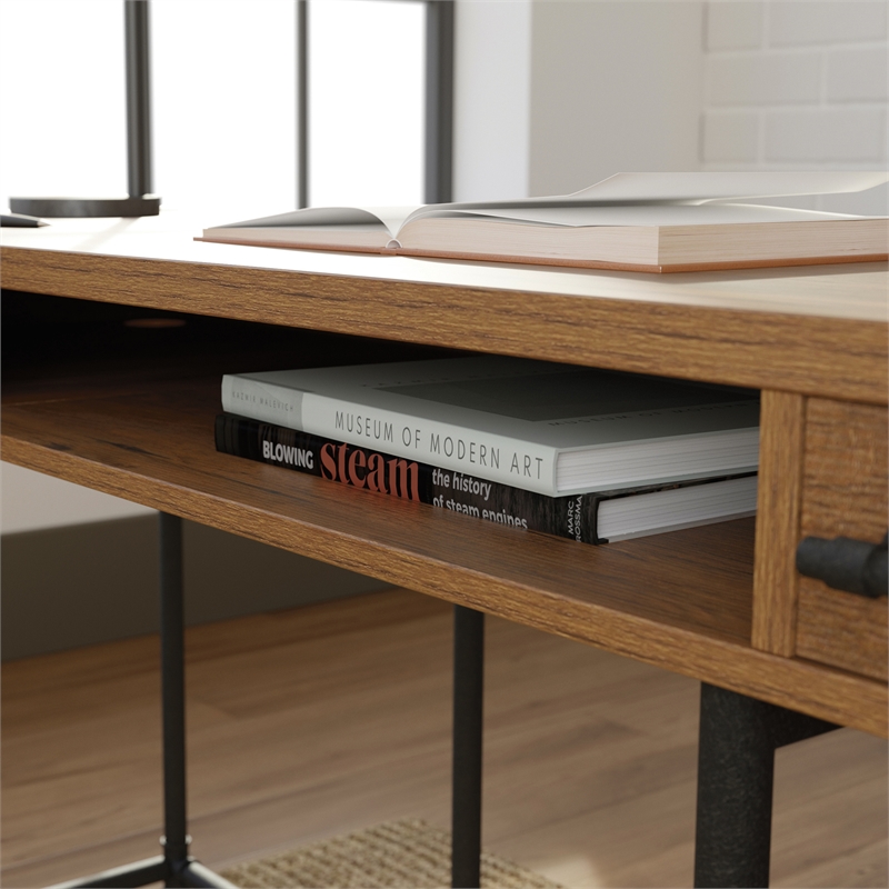 Pemberly Row Contemporary Engineered Wood L-Desk in Checked Oak Finish