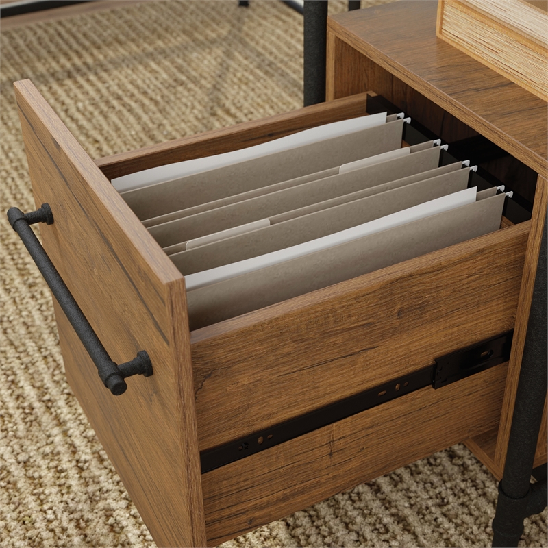 Pemberly Row Contemporary Engineered Wood L-Desk in Checked Oak Finish