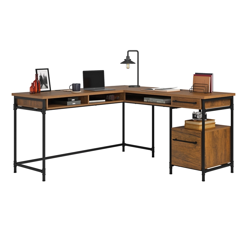 Pemberly Row Contemporary Engineered Wood L-Desk in Checked Oak Finish