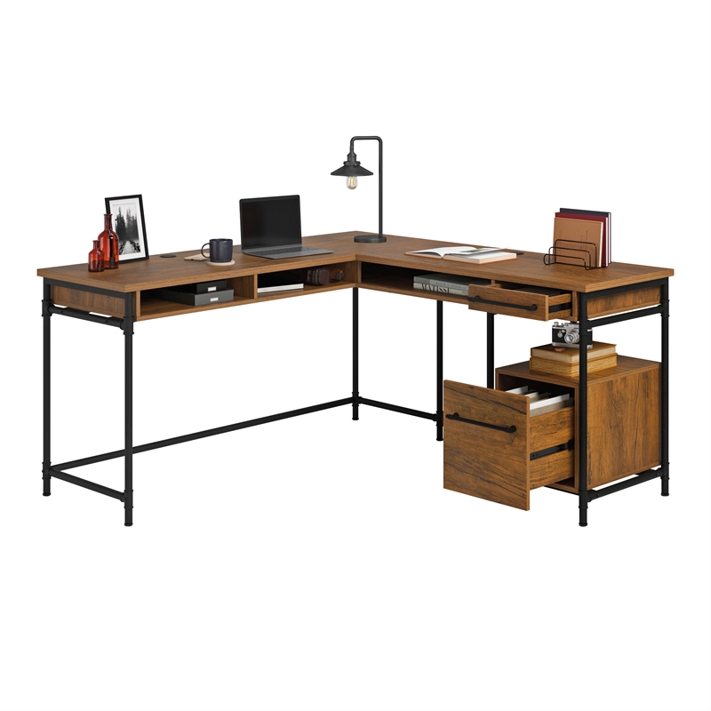 Pemberly Row Contemporary Engineered Wood L-Desk in Checked Oak Finish