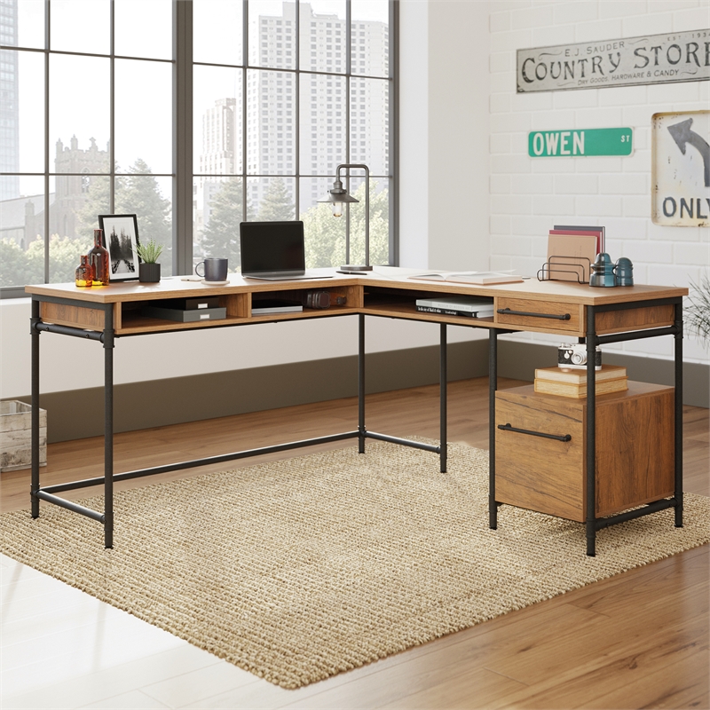 Pemberly Row Contemporary Engineered Wood L-Desk in Checked Oak Finish