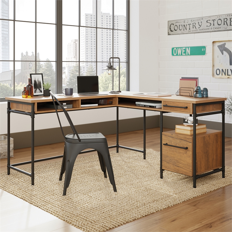 Pemberly Row Contemporary Engineered Wood L-Desk in Checked Oak Finish