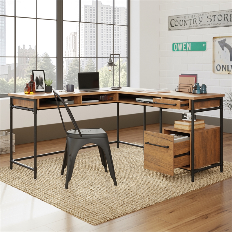 Pemberly Row Contemporary Engineered Wood L-Desk in Checked Oak Finish