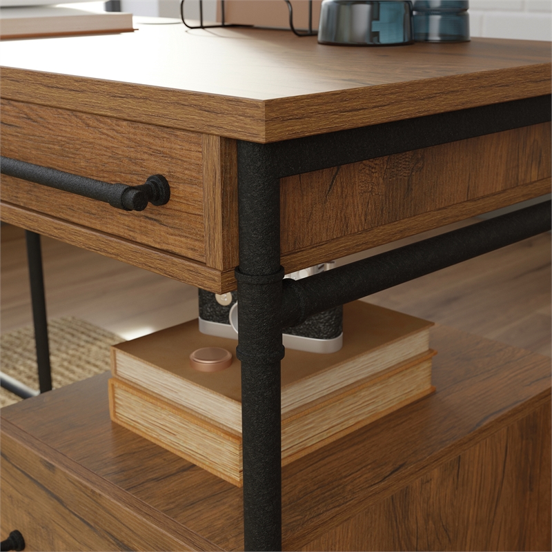 Pemberly Row Contemporary Engineered Wood L-Desk in Checked Oak Finish