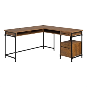 Pemberly Row Contemporary Engineered Wood L-Desk in Checked Oak Finish