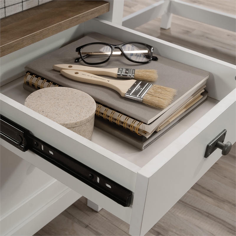 Pemberly Row Contemporary Engineered Wood L-Shaped Desk in White Finish