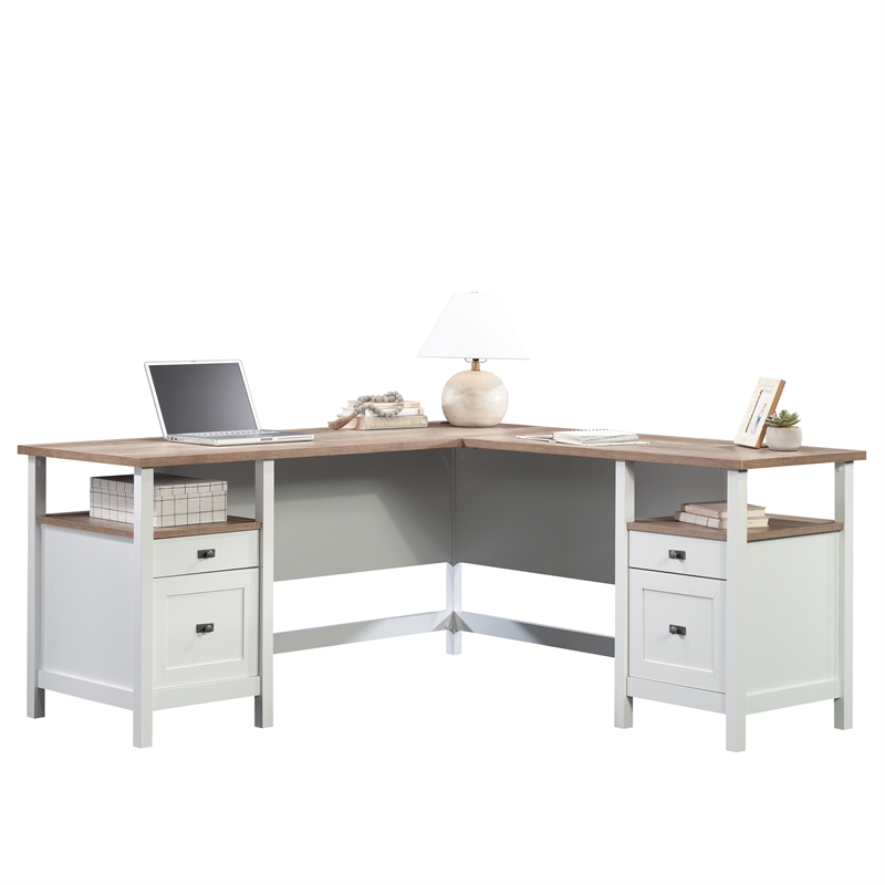 Pemberly Row Contemporary Engineered Wood L-Shaped Desk in White Finish