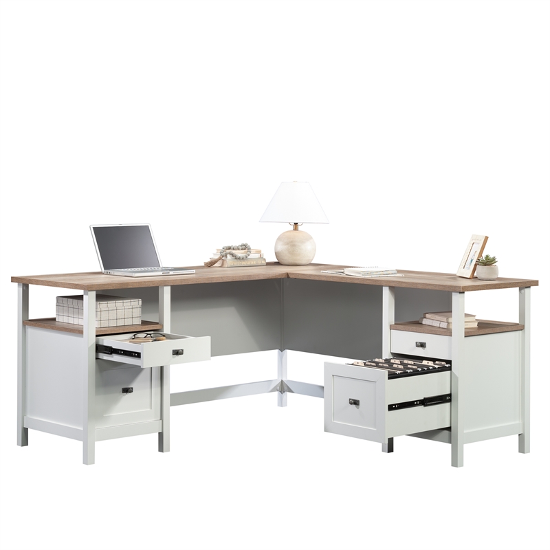 Pemberly Row Contemporary Engineered Wood L-Shaped Desk in White Finish