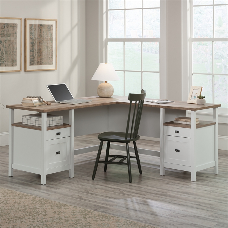 Pemberly Row Contemporary Engineered Wood L-Shaped Desk in White Finish