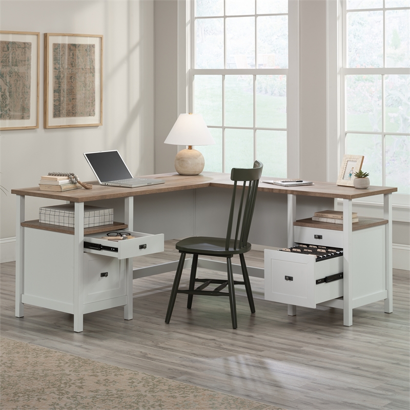 Pemberly Row Contemporary Engineered Wood L-Shaped Desk in White Finish
