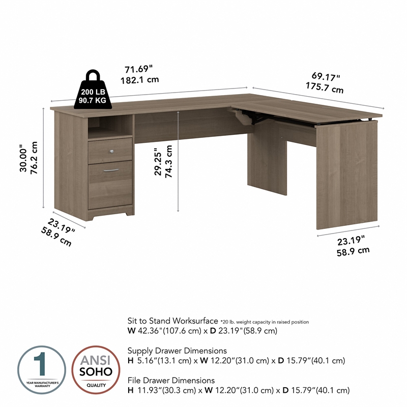 Pemberly Row 72W 3 Position Sit to Stand L Desk in Ash Gray - Engineered Wood