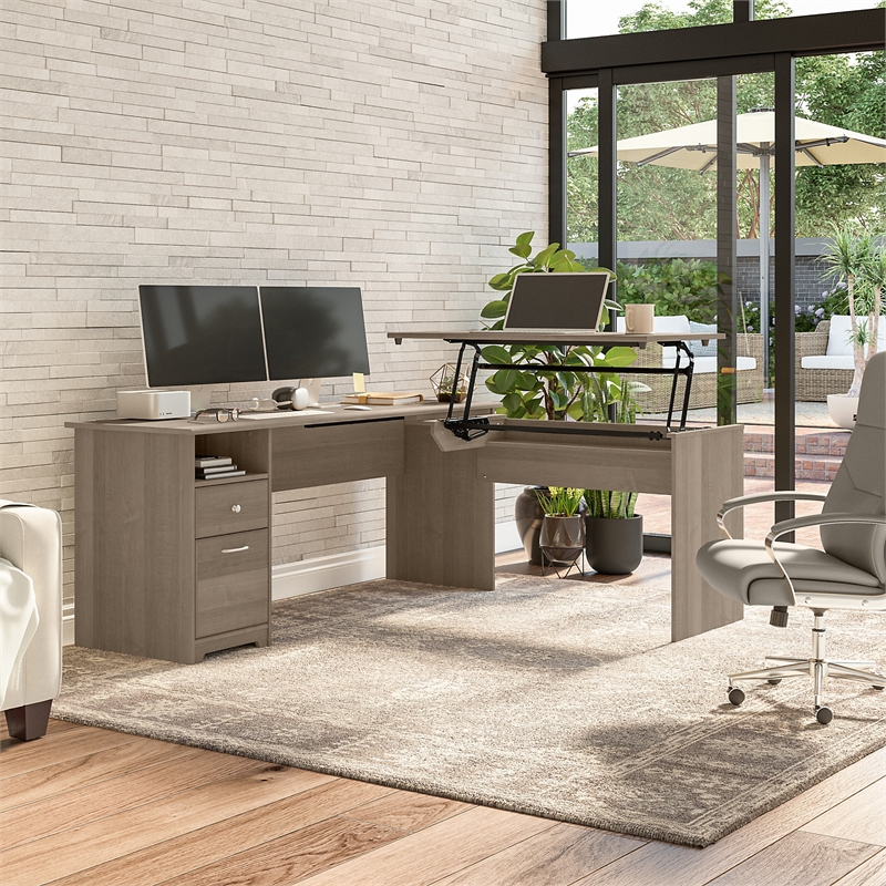 Pemberly Row 72W 3 Position Sit to Stand L Desk in Ash Gray - Engineered Wood