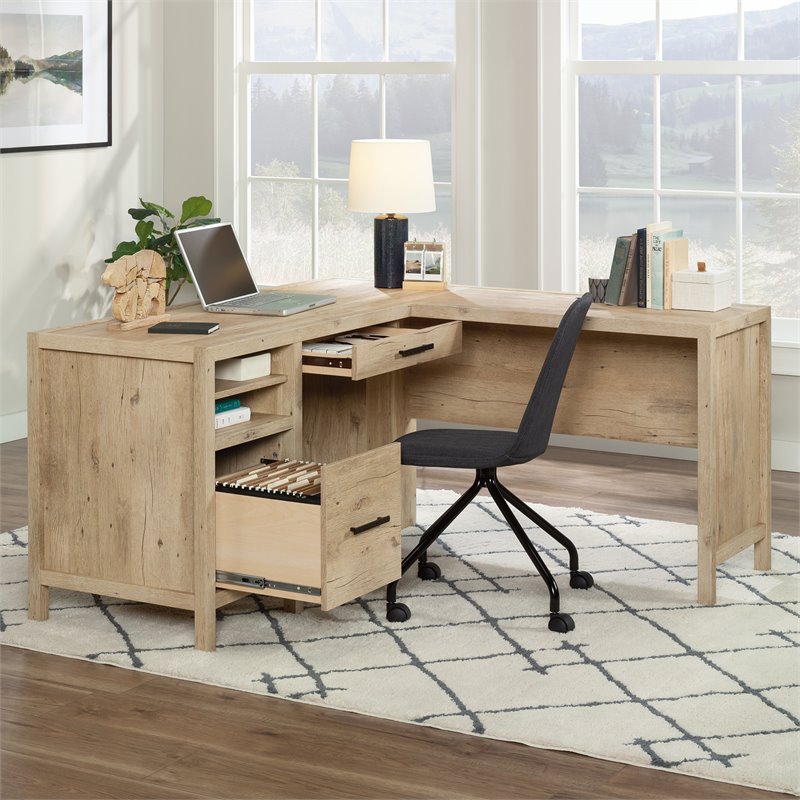 Pemberly Row Engineered Wood L-Shaped Home Office Desk in Prime Oak