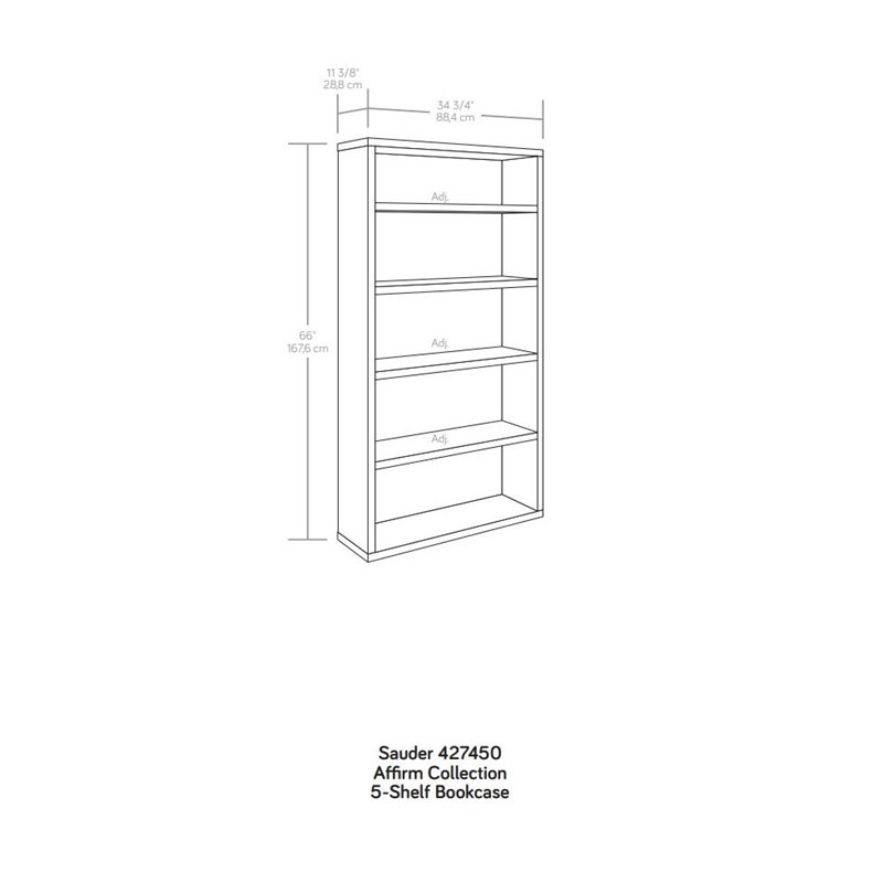 Pemberly Row Engineered Wood 5-Shelf Bookcase in Noble Elm/Brown