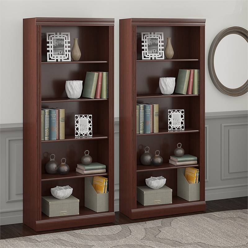 Pemberly Row Tall 5 Shelf Bookcase Set of 2 in Harvest Cherry - Engineered Wood