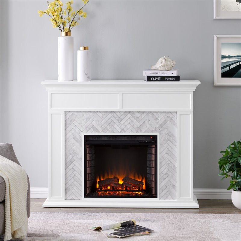 Pemberly Row Engineered Wood Tiled Marble Electric Fireplace in White