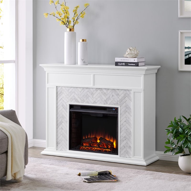 Pemberly Row Engineered Wood Tiled Marble Electric Fireplace in White