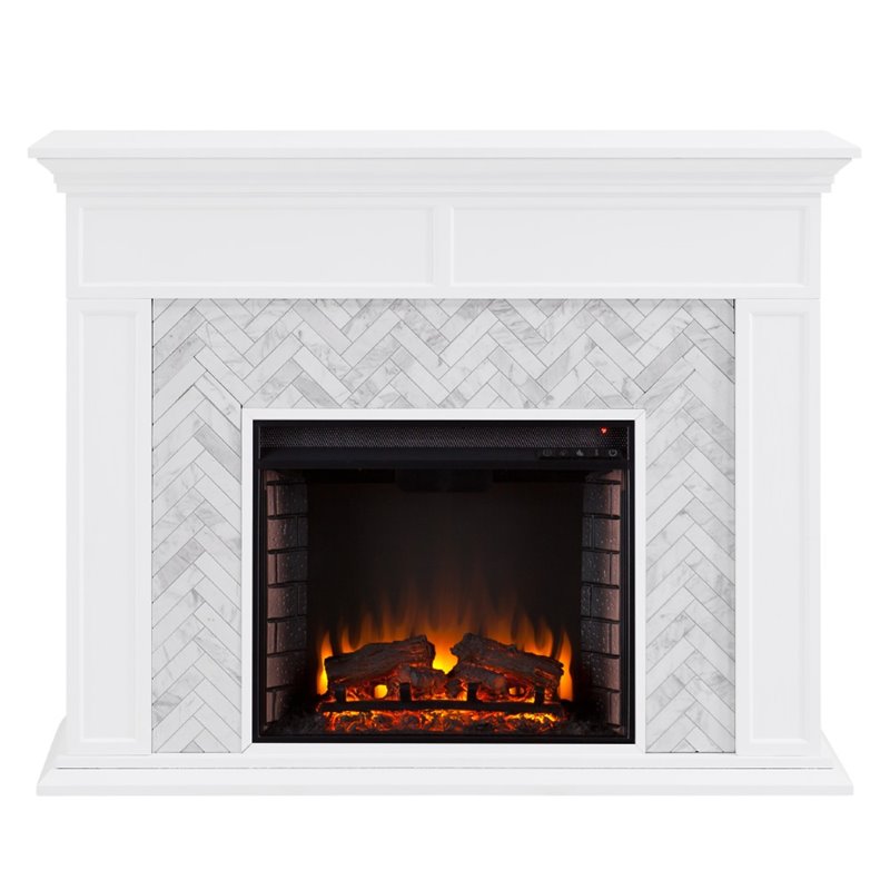 Pemberly Row Engineered Wood Tiled Marble Electric Fireplace in White