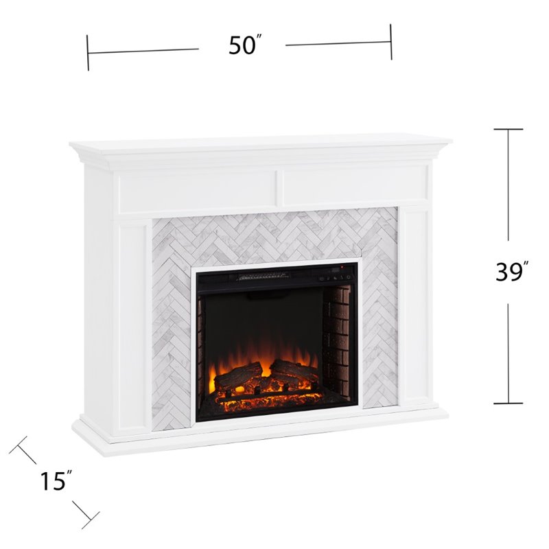Pemberly Row Engineered Wood Tiled Marble Electric Fireplace in White