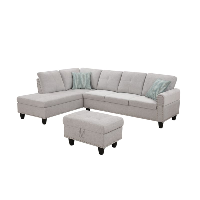 Pemberly Row Polyester Fabric Sectional Sofa with Ottoman-Light Gray