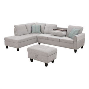 Pemberly Row Polyester Fabric Sectional Sofa with Ottoman-Light Gray