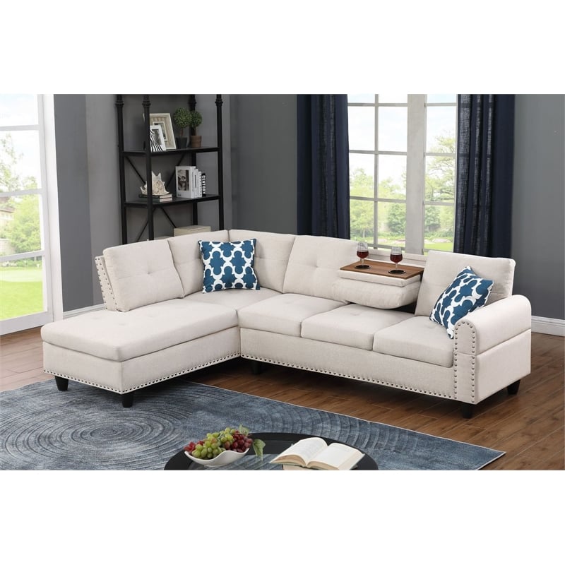 Pemberly Row Polyester Fabric Sectional Sofa with Ottoman-Beige