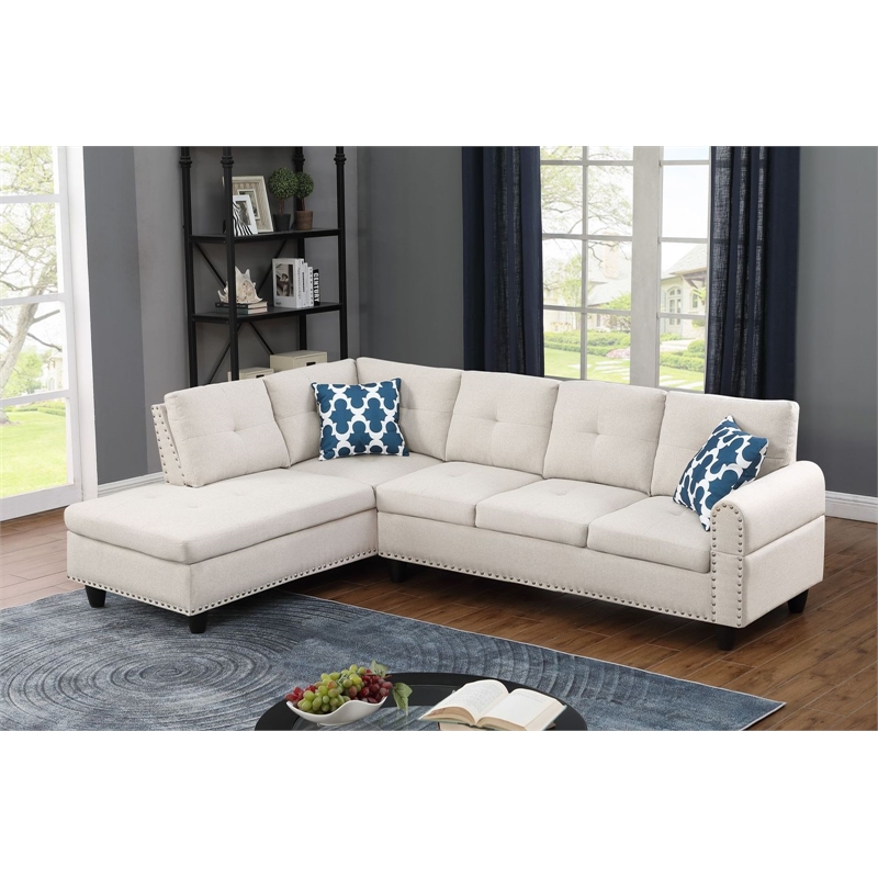 Pemberly Row Polyester Fabric Sectional Sofa with Ottoman-Beige