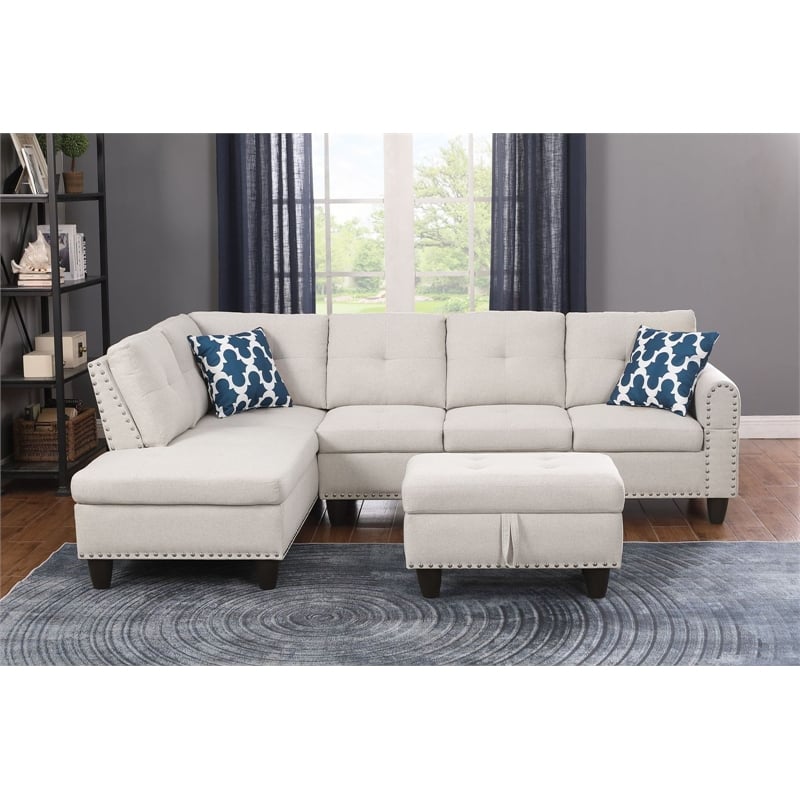 Pemberly Row Polyester Fabric Sectional Sofa with Ottoman-Beige
