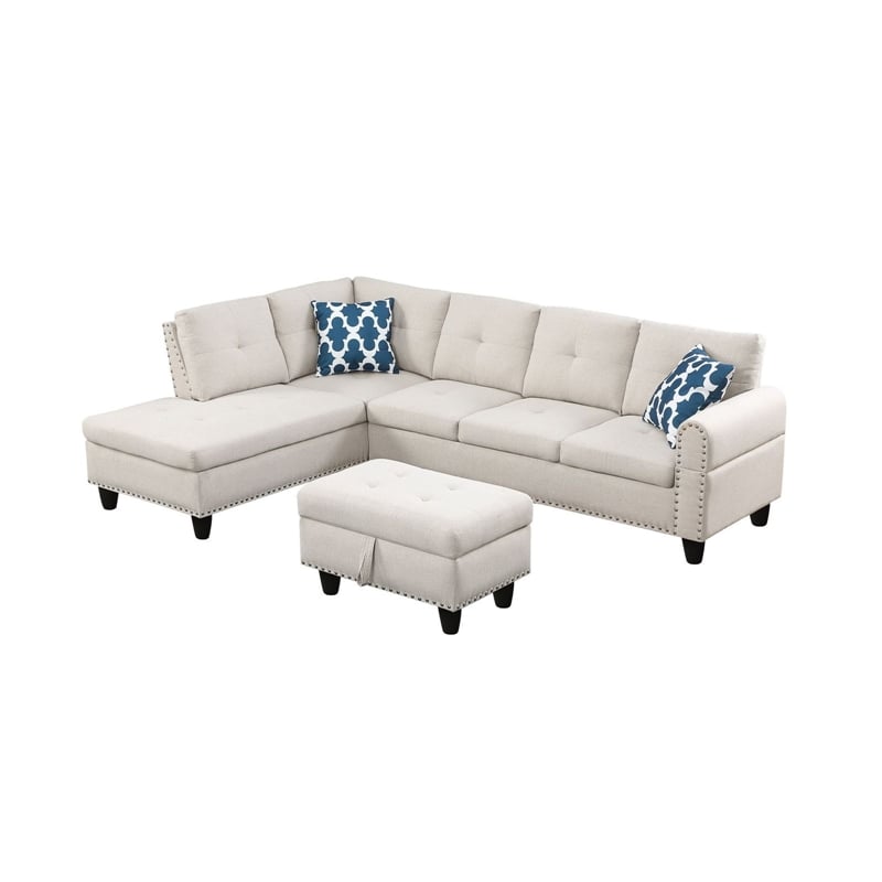 Pemberly Row Polyester Fabric Sectional Sofa with Ottoman-Beige