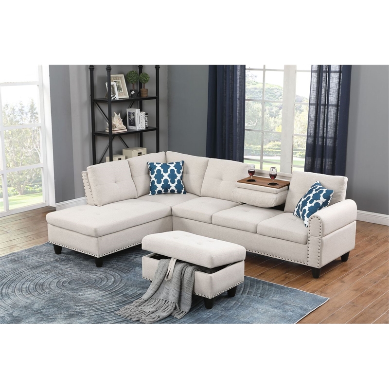 Pemberly Row Polyester Fabric Sectional Sofa with Ottoman-Beige