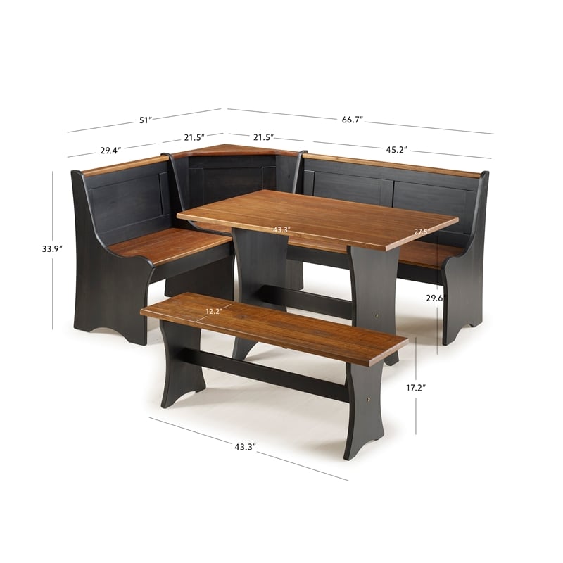 Pemberly Row Contemporary Solid Wood Dining Nook in Black Finish