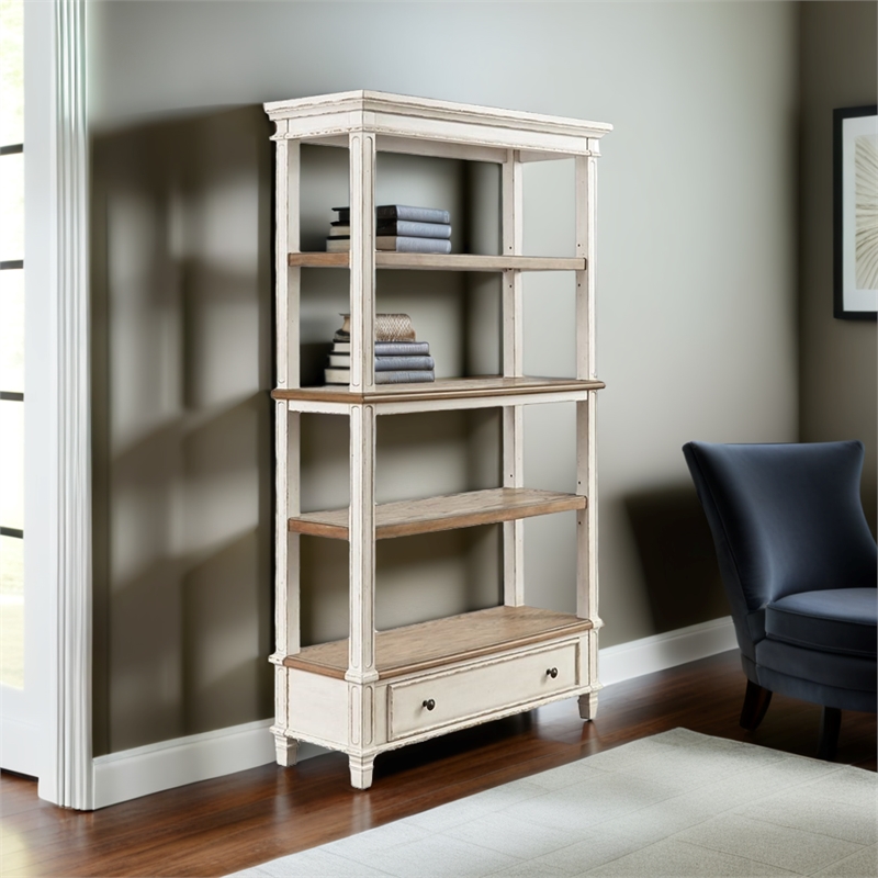 Pemberly Row Contemporary 4 Shelf Bookcase in Antique White and Brown