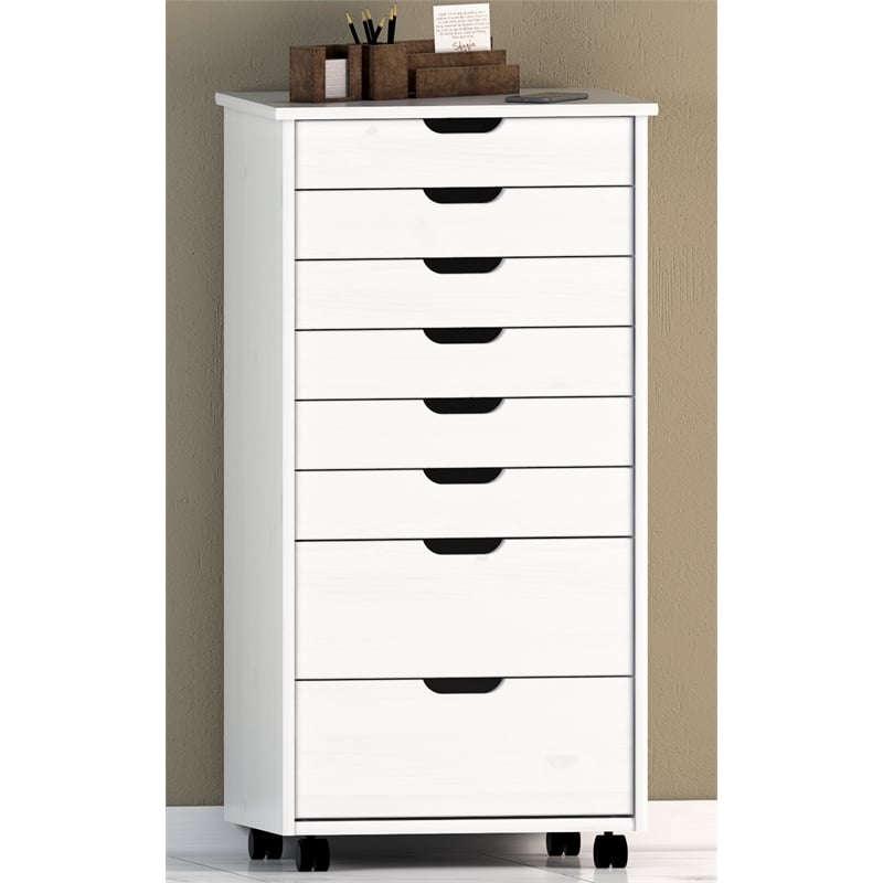 Pemberly Row 8-Drawer Transitional Wood Storage Cart in White Wash