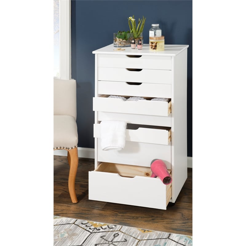 Pemberly Row 8-Drawer Transitional Wood Storage Cart in White Wash