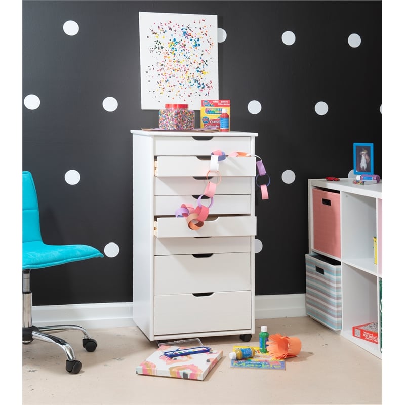 Pemberly Row 8-Drawer Transitional Wood Storage Cart in White Wash