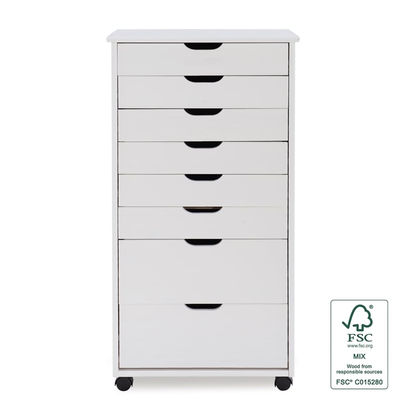 Pemberly Row 8-Drawer Transitional Wood Storage Cart in White Wash