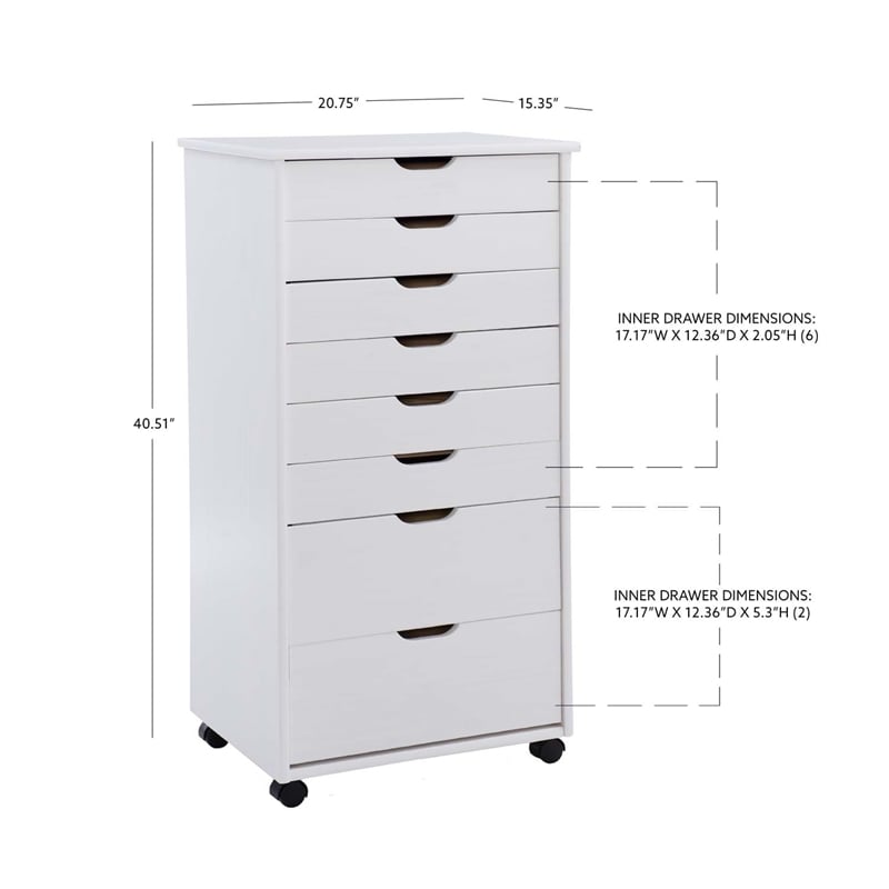 Pemberly Row 8-Drawer Transitional Wood Storage Cart in White Wash