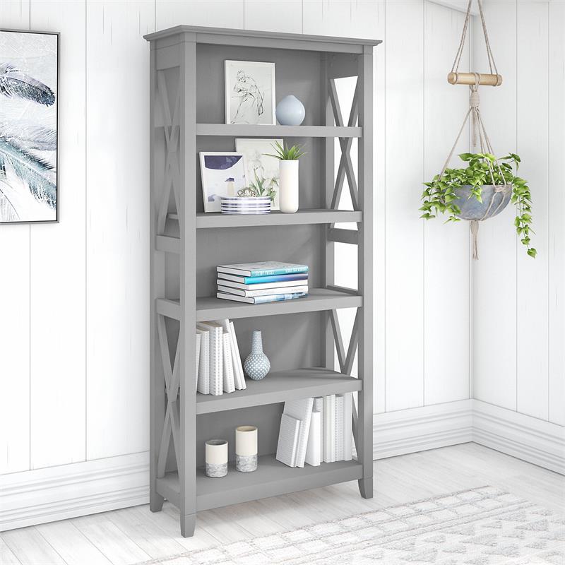 Pemberly Row 5 Shelves Coastal Wood Tall Bookcase in Cape Cod Gray