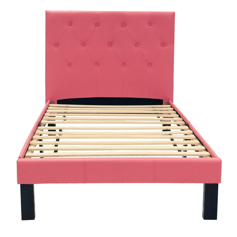 Pemberly Row Twin Upholstered Bed Frame with Slats in Pink Faux Leather