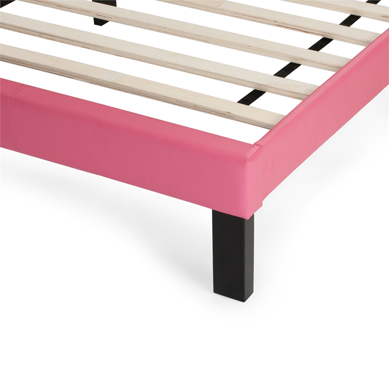Pemberly Row Twin Upholstered Bed Frame with Slats in Pink Faux Leather