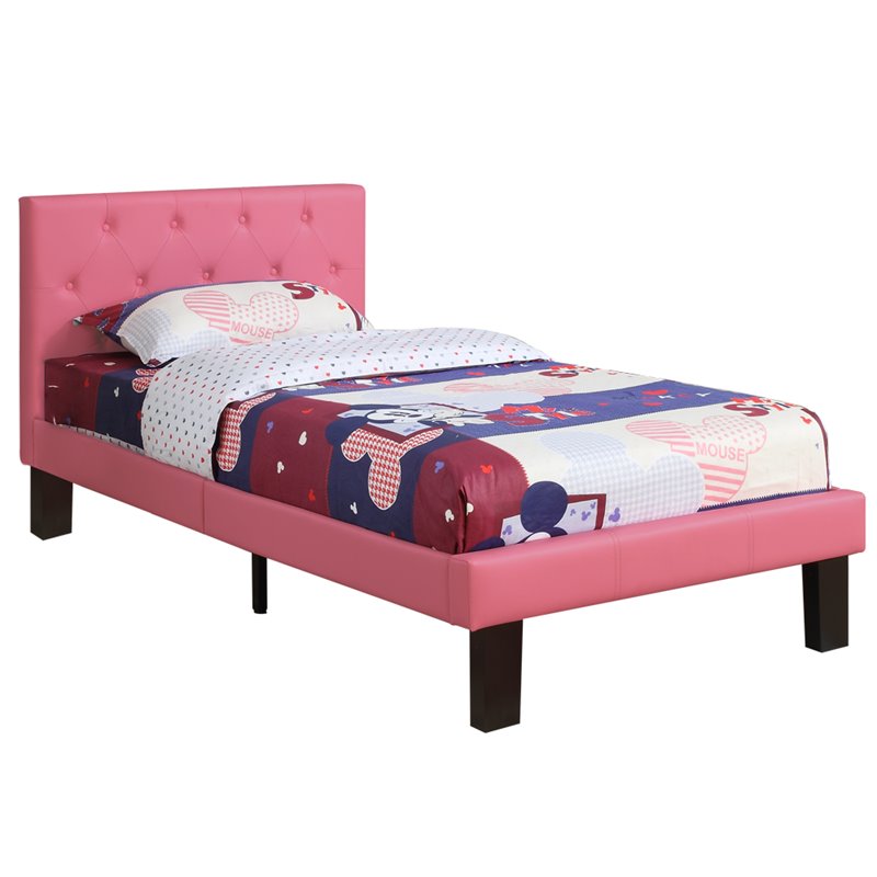 Pemberly Row Twin Upholstered Bed Frame with Slats in Pink Faux Leather