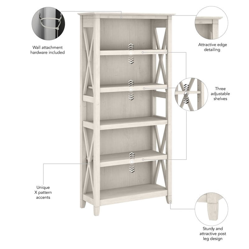 Pemberly Row 5 Shelves Coastal Wood Tall Bookcase in Line White Oak