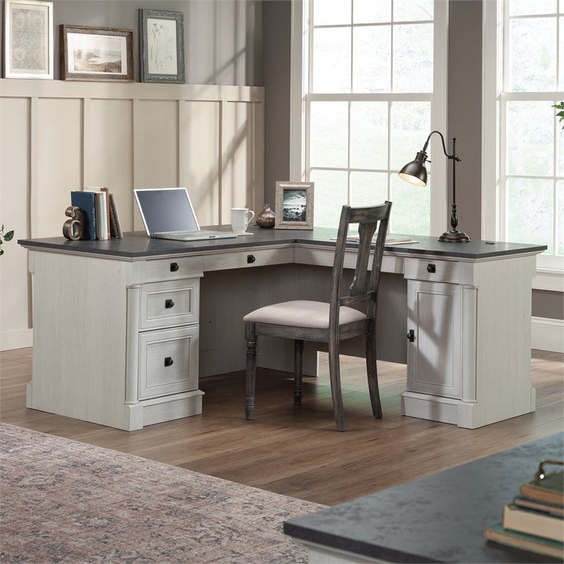 Pemberly Row Engineered Wood L-Shaped Desk in Glacier Oak/Rosso Slate Accents
