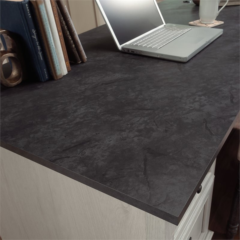 Pemberly Row Engineered Wood L-Shaped Desk in Glacier Oak/Rosso Slate Accents