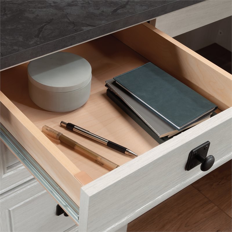 Pemberly Row Engineered Wood L-Shaped Desk in Glacier Oak/Rosso Slate Accents