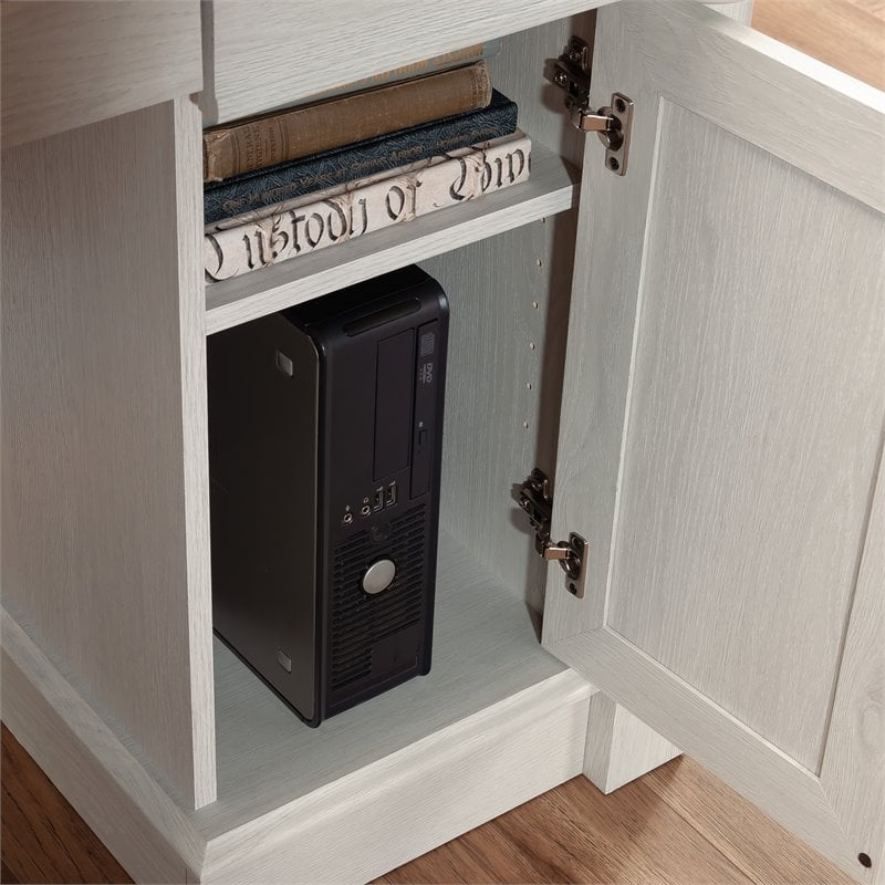 Pemberly Row Engineered Wood L-Shaped Desk in Glacier Oak/Rosso Slate Accents