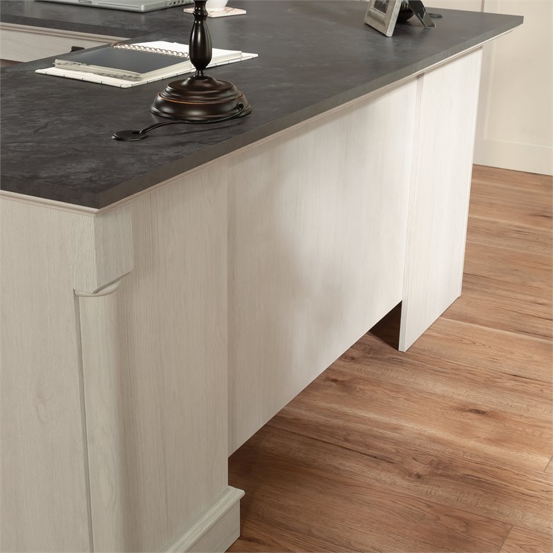 Pemberly Row Engineered Wood L-Shaped Desk in Glacier Oak/Rosso Slate Accents