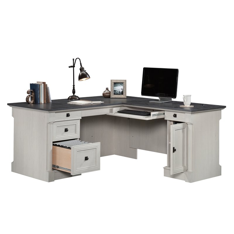 Pemberly Row Engineered Wood L-Shaped Desk in Glacier Oak/Rosso Slate Accents
